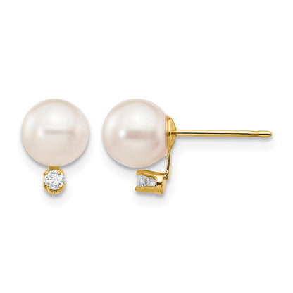 14k 6-7mm White Round Akoya Saltwater Cultured Pearl and 1/20 Carat Diamond Post Earrings