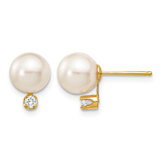 14k 7-8mm White Round Akoya Saltwater Cultured Pearl and 1/10 Carat Diamond Post Earrings