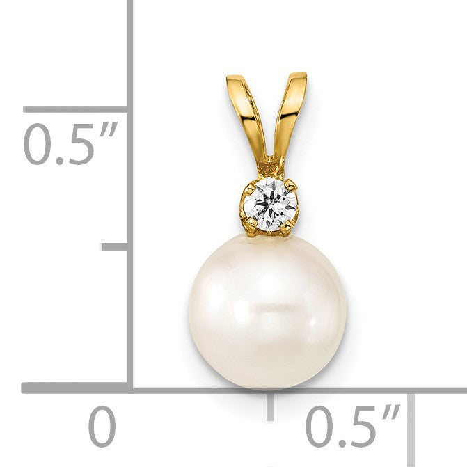 14k 7-8mm White Round Akoya Saltwater Cultured Pearl and 1/20 Carat Diamond Pendant
