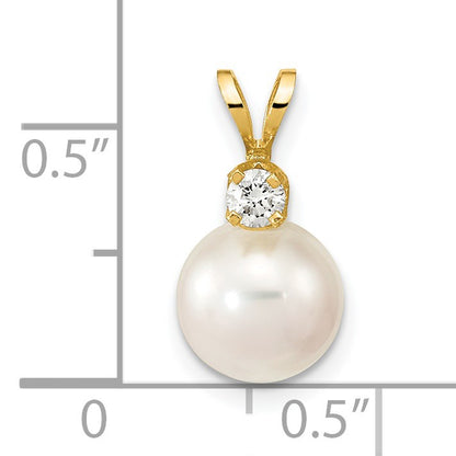 14k 8-9mm White Round Akoya Saltwater Cultured Pearl and 1/10 Carat Diamond Pendant