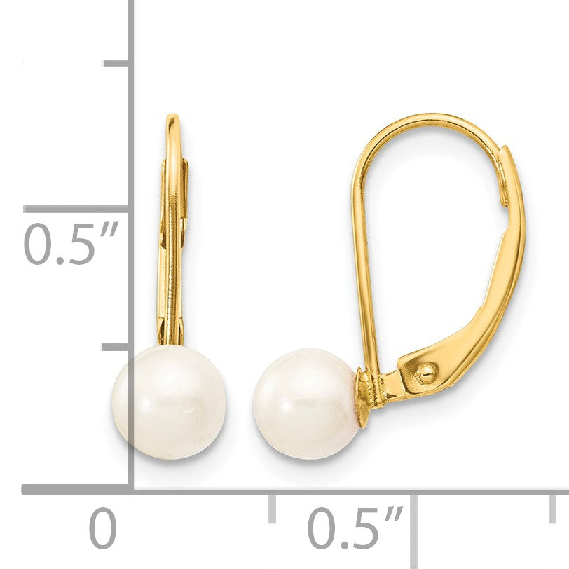 14k 5-6mm White Round Akoya Saltwater Cultured Pearl Leverback Earrings