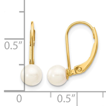 14k 5-6mm White Round Akoya Saltwater Cultured Pearl Leverback Earrings