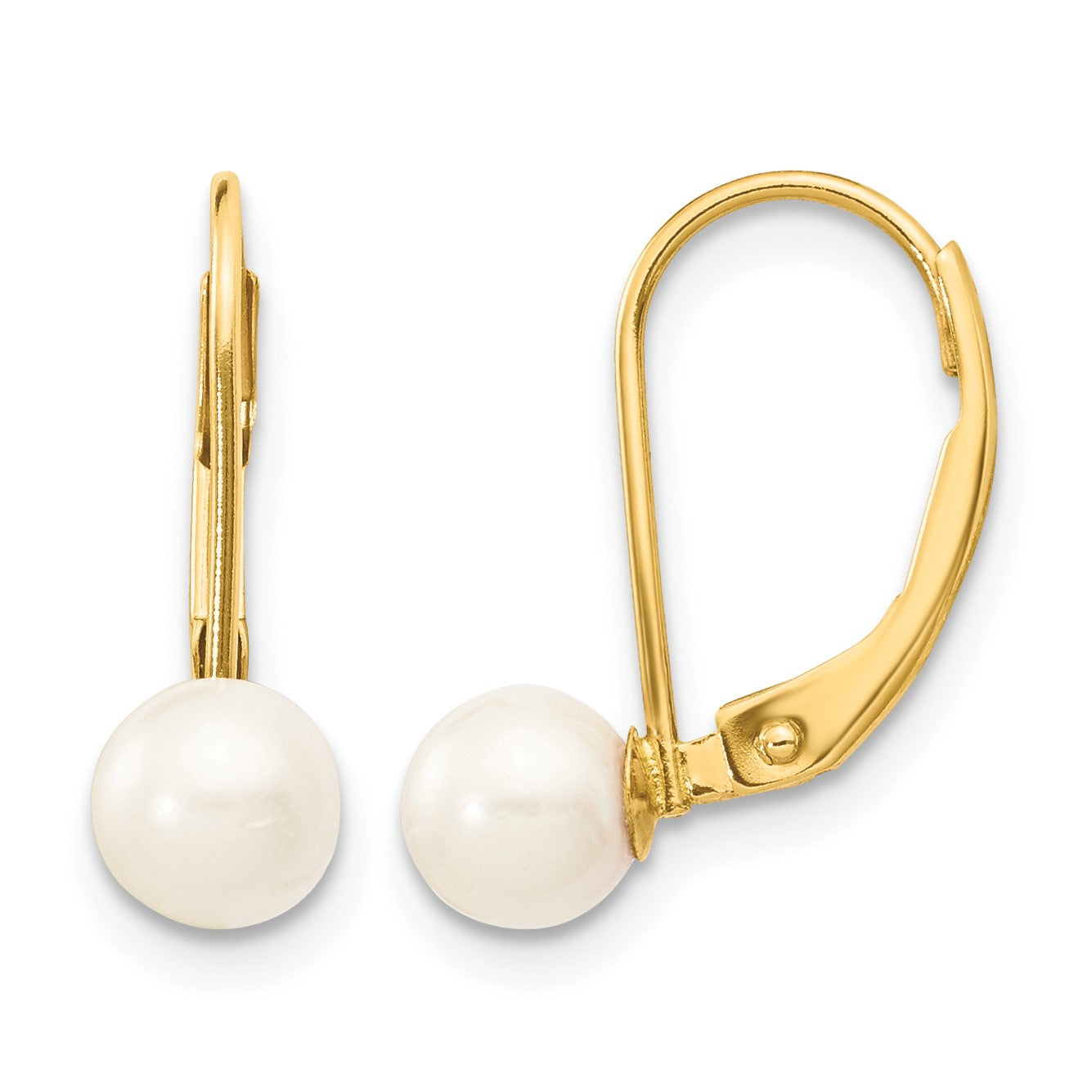 14k 5-6mm White Round Akoya Saltwater Cultured Pearl Leverback Earrings