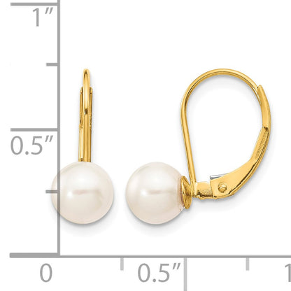 14k 6-7mm White Round Akoya Saltwater Cultured Pearl Leverback Earrings