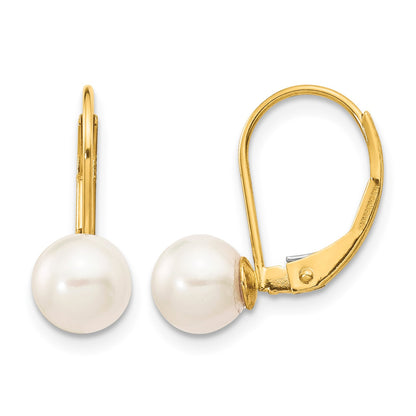 14k 6-7mm White Round Akoya Saltwater Cultured Pearl Leverback Earrings