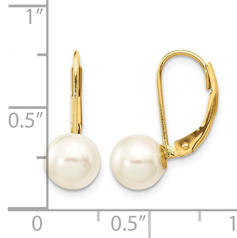 14k 7-8mm White Round Saltwater Akoya Cultured Pearl Leverback Earrings