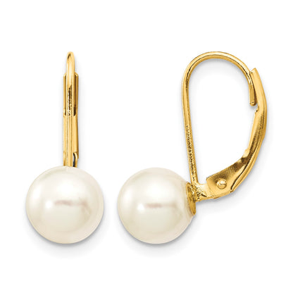 14k 7-8mm White Round Saltwater Akoya Cultured Pearl Leverback Earrings