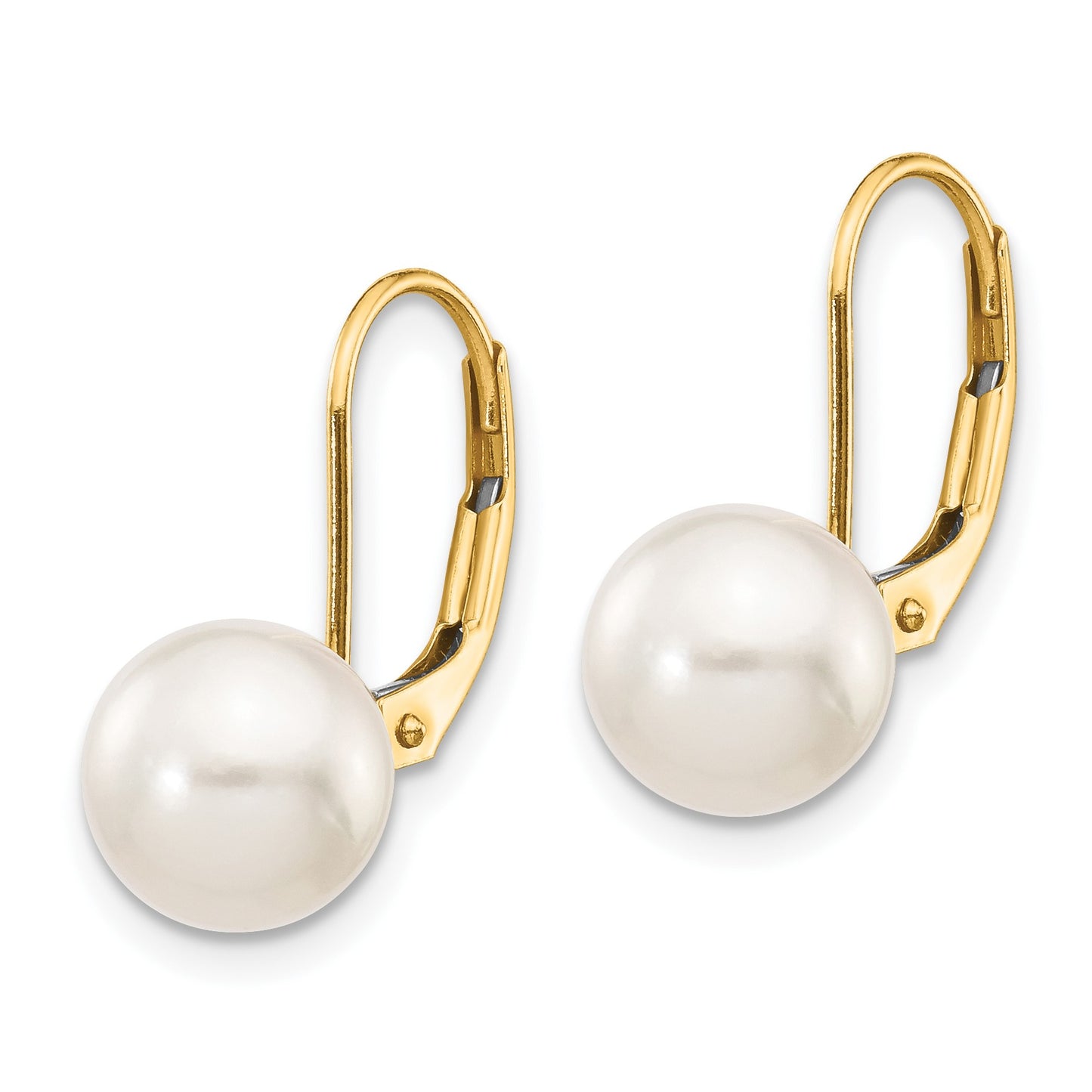 14k 8-9mm White Round Akoya Saltwater Cultured Pearl Leverback Earrings