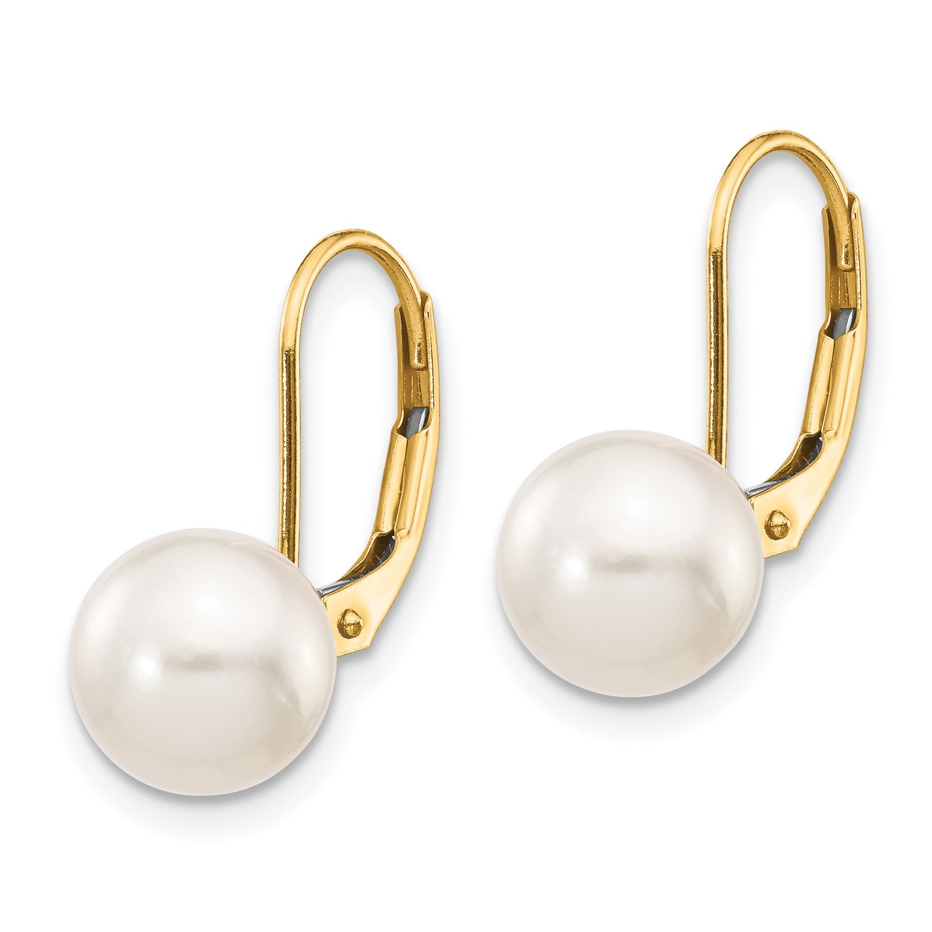 14k 8-9mm White Round Akoya Saltwater Cultured Pearl Leverback Earrings
