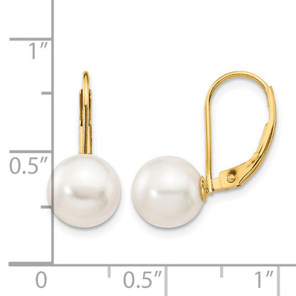 14k 8-9mm White Round Akoya Saltwater Cultured Pearl Leverback Earrings