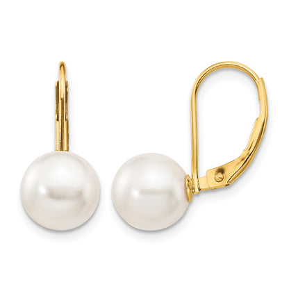 14k 8-9mm White Round Akoya Saltwater Cultured Pearl Leverback Earrings
