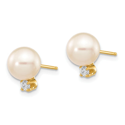 14k 7-8mm White Round Freshwater Cultured Pearl and .10 Carat Diamond Post Earrings