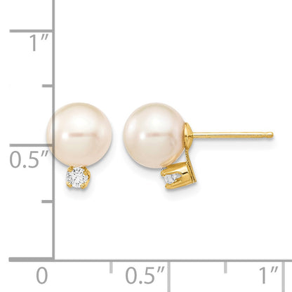 14k 7-8mm White Round Freshwater Cultured Pearl and .10 Carat Diamond Post Earrings