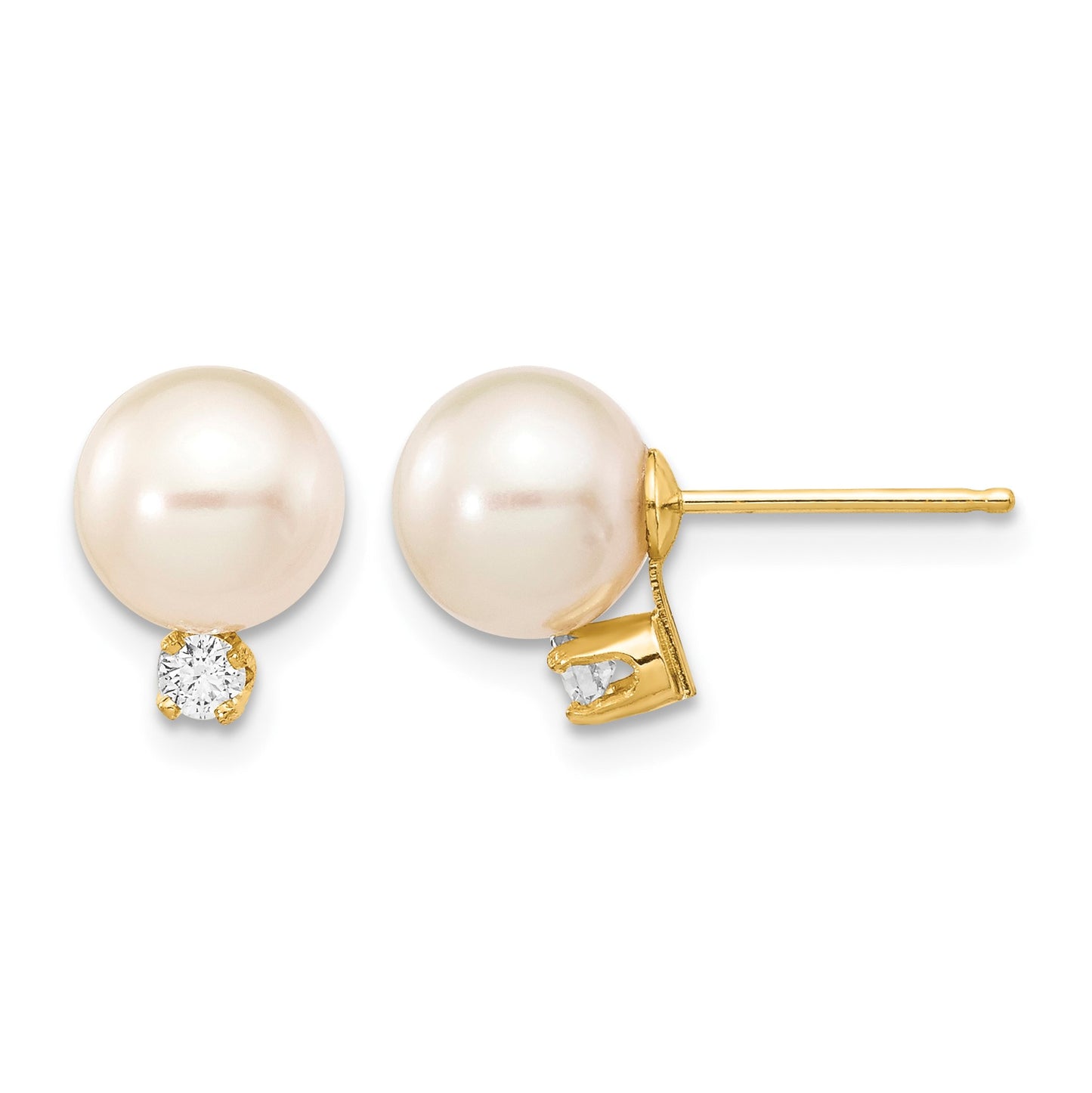 14k 7-8mm White Round Freshwater Cultured Pearl and .10 Carat Diamond Post Earrings