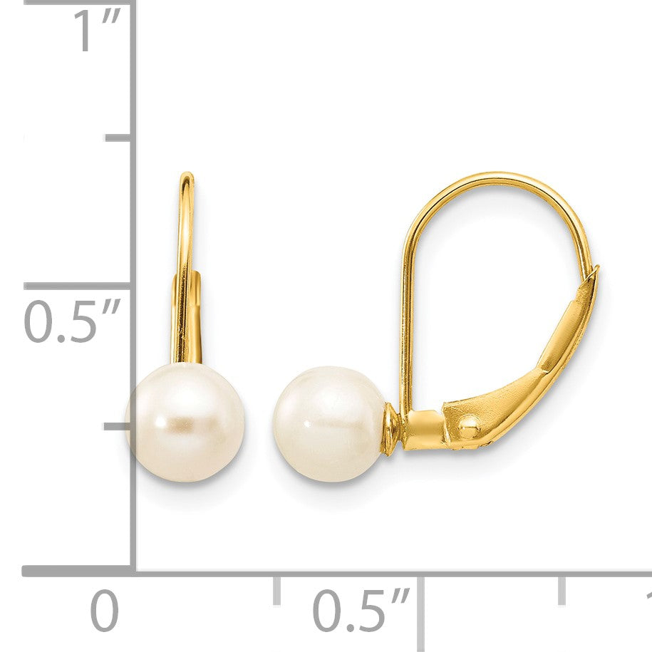 14k 5-6mm White Round Freshwater Cultured Pearl Leverback Earrings