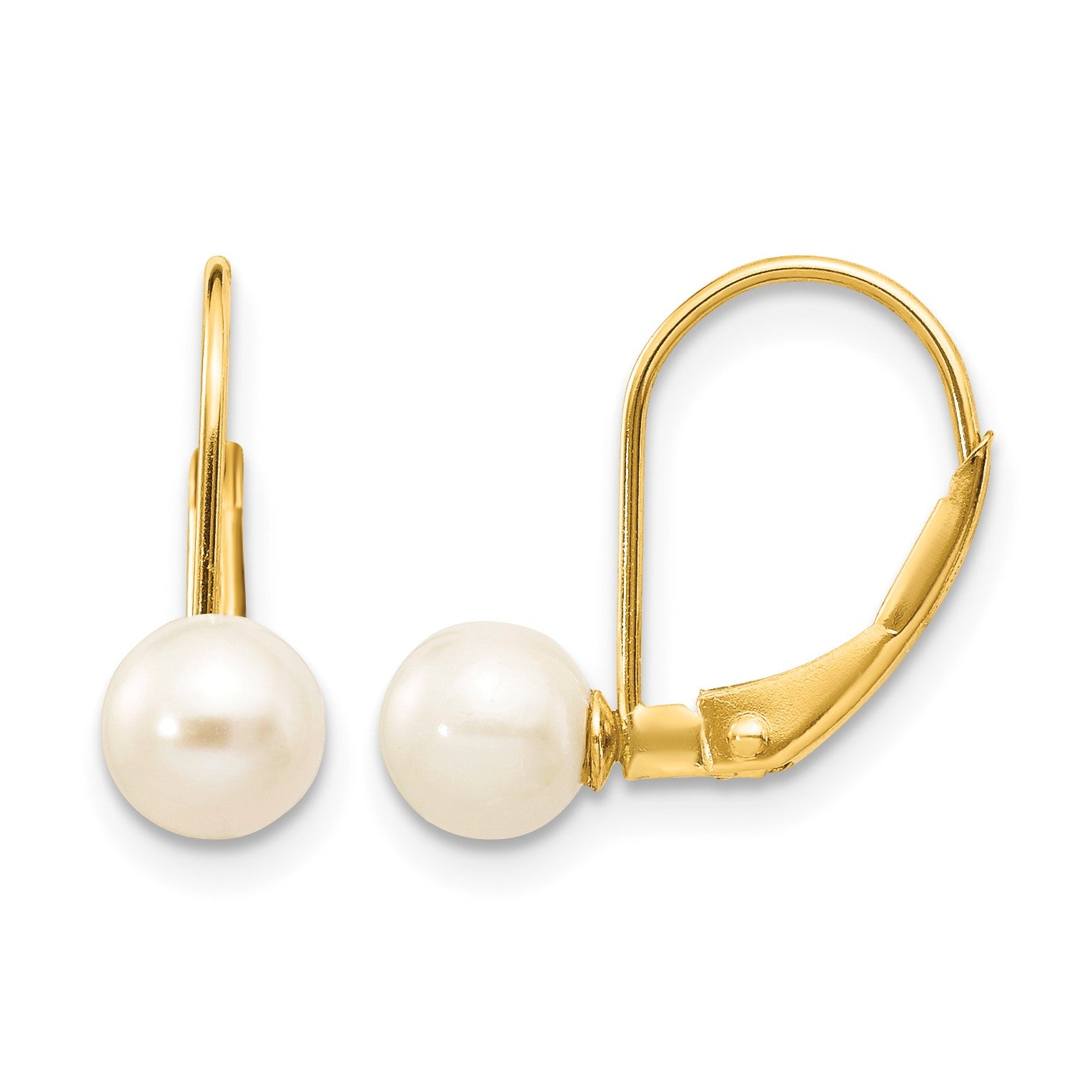 14k 5-6mm White Round Freshwater Cultured Pearl Leverback Earrings