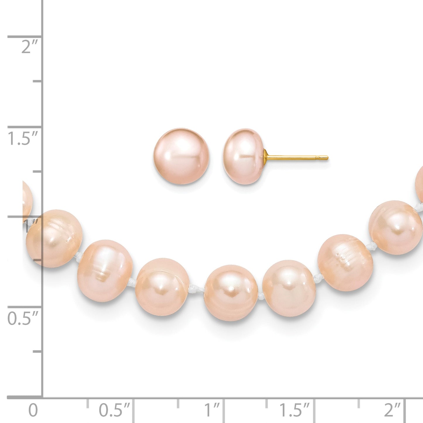 14k 7-8mm Pink Near-Round Freshwater Cultured Pearl 18 inch Necklace and Button Earring Set
