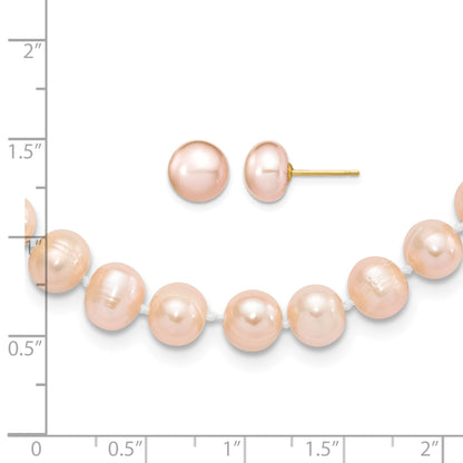 14k 7-8mm Pink Near-Round Freshwater Cultured Pearl 18 inch Necklace and Button Earring Set