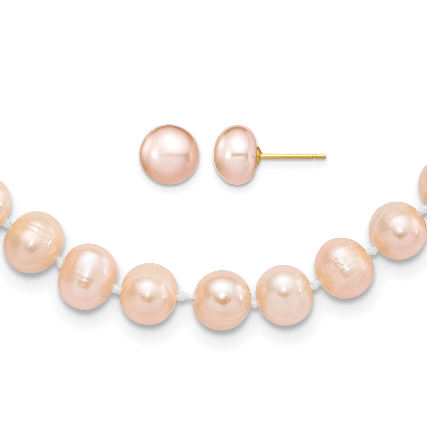 14k 7-8mm Pink Near-Round Freshwater Cultured Pearl 18 inch Necklace and Button Earring Set