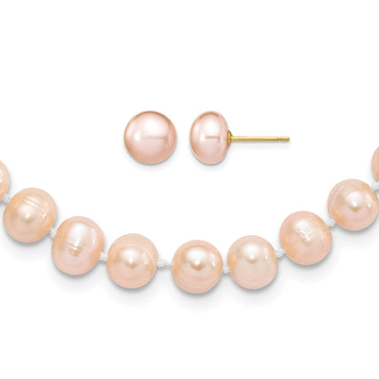 14k 7-8mm Pink Near-Round Freshwater Cultured Pearl 18 inch Necklace and Button Earring Set