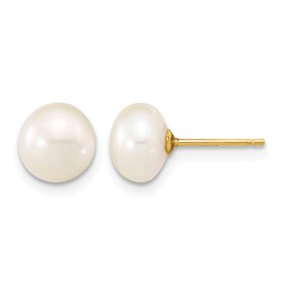14k 7-8mm White Near-Round Freshwater Cultured Pearl 18 inch Necklace and Button Earrings Set