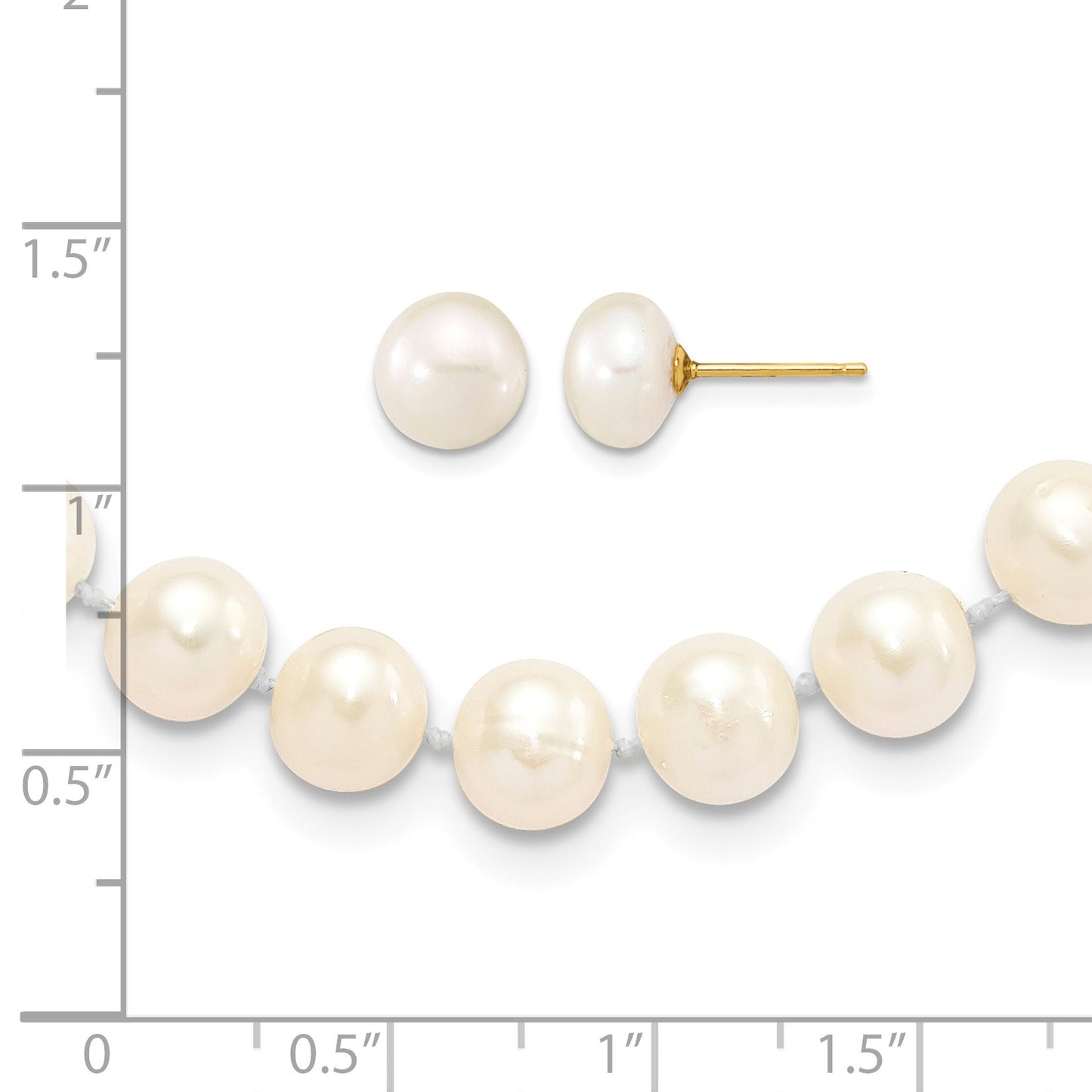 14k 7-8mm White Near-Round Freshwater Cultured Pearl 18 inch Necklace and Button Earrings Set