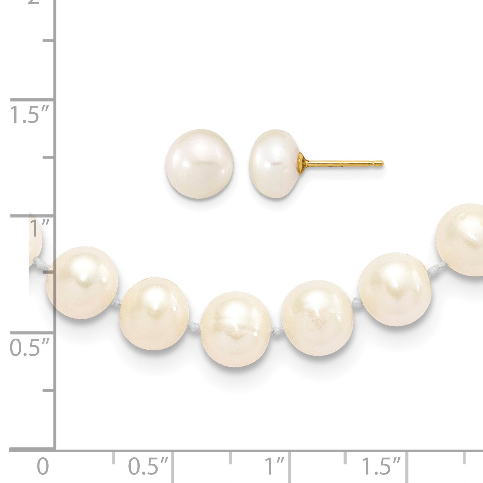 14k 7-8mm White Near-Round Freshwater Cultured Pearl 18 inch Necklace and Button Earrings Set