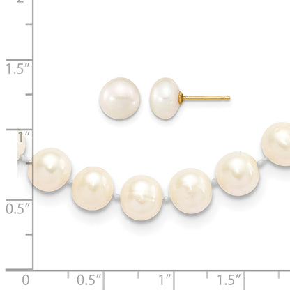 14k 7-8mm White Near-Round Freshwater Cultured Pearl 18 inch Necklace and Button Earrings Set