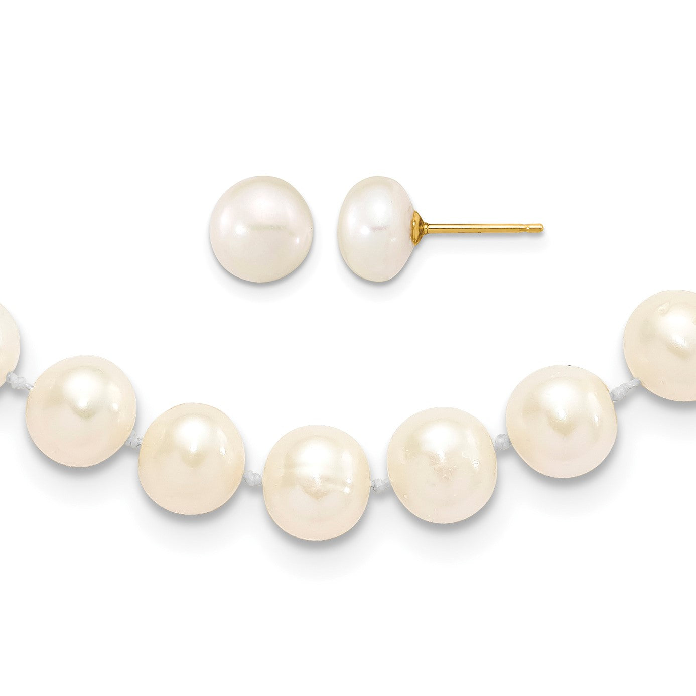 14k 7-8mm White Near-Round Freshwater Cultured Pearl 18 inch Necklace and Button Earrings Set