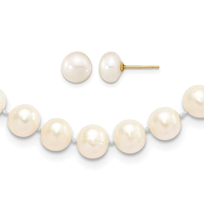 14k 7-8mm White Near-Round Freshwater Cultured Pearl 18 inch Necklace and Button Earrings Set