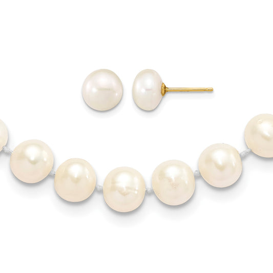 14k 7-8mm White Near-Round Freshwater Cultured Pearl 18 inch Necklace and Button Earrings Set
