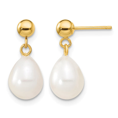 14k 7-8mm White Rice Freshwater Cultured Pearl 18 inch Necklace and Bead Post Dangle Earring Set