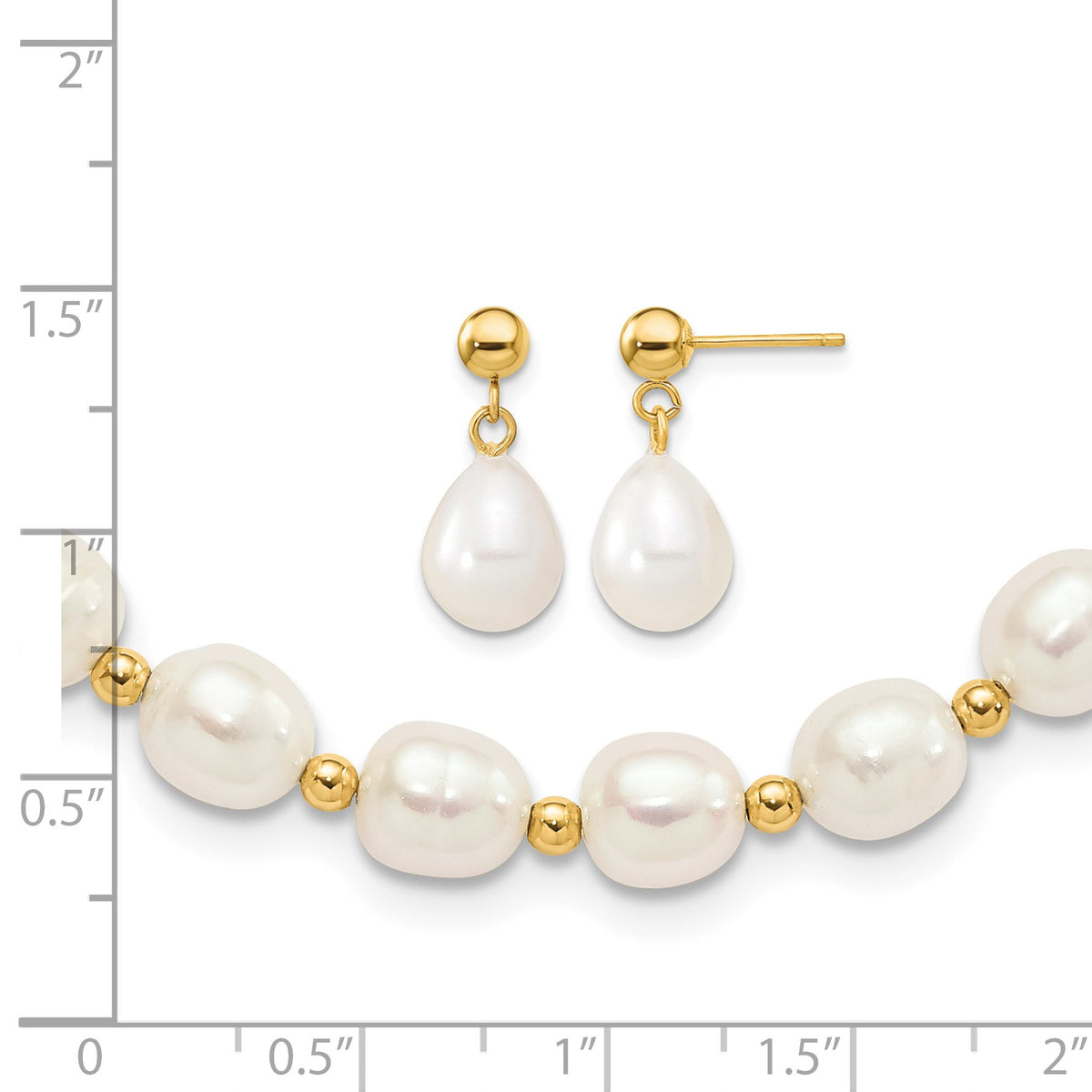 14k 7-8mm White Rice Freshwater Cultured Pearl 18 inch Necklace and Bead Post Dangle Earring Set