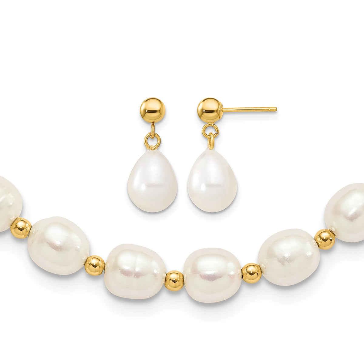 14k 7-8mm White Rice Freshwater Cultured Pearl 18 inch Necklace and Bead Post Dangle Earring Set