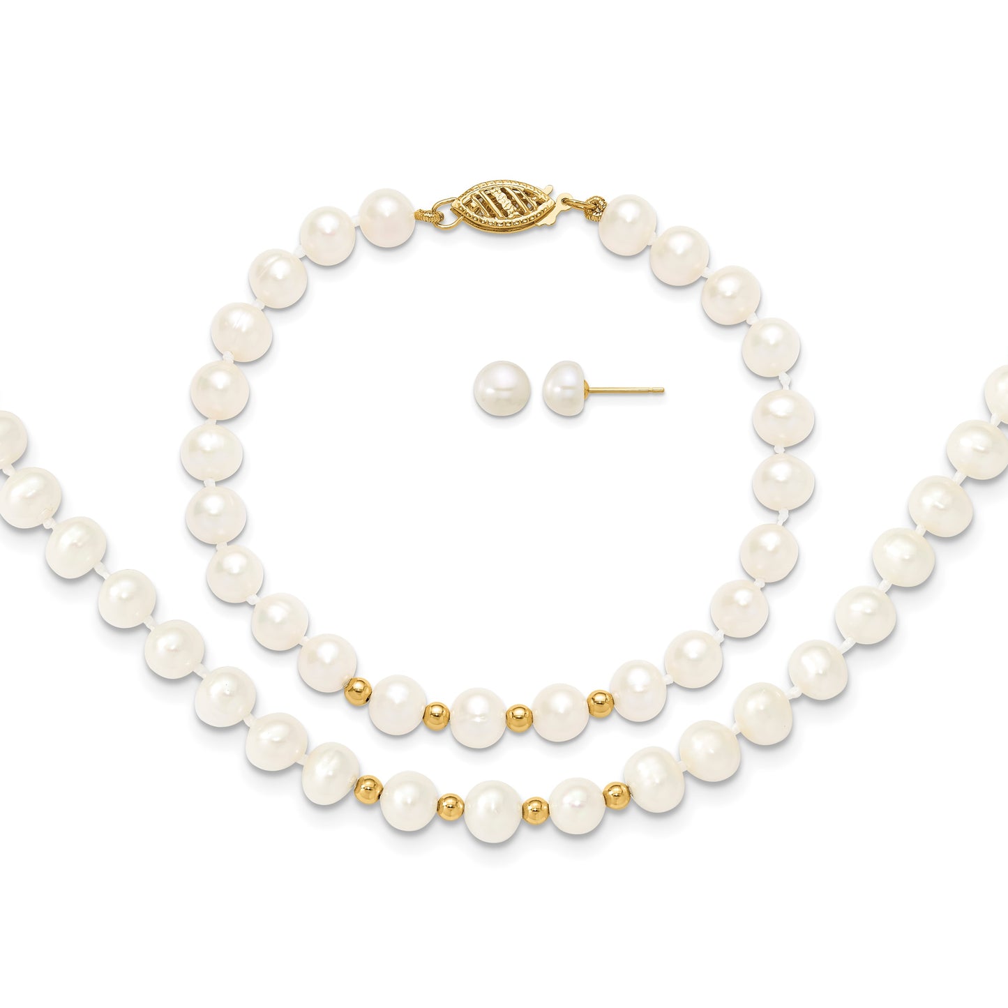 14k 6-7mm White Semi-Round Freshwater Cultured Pearl 18 inch Necklace/7.25 in Bracelet/Button Post Earrings Set