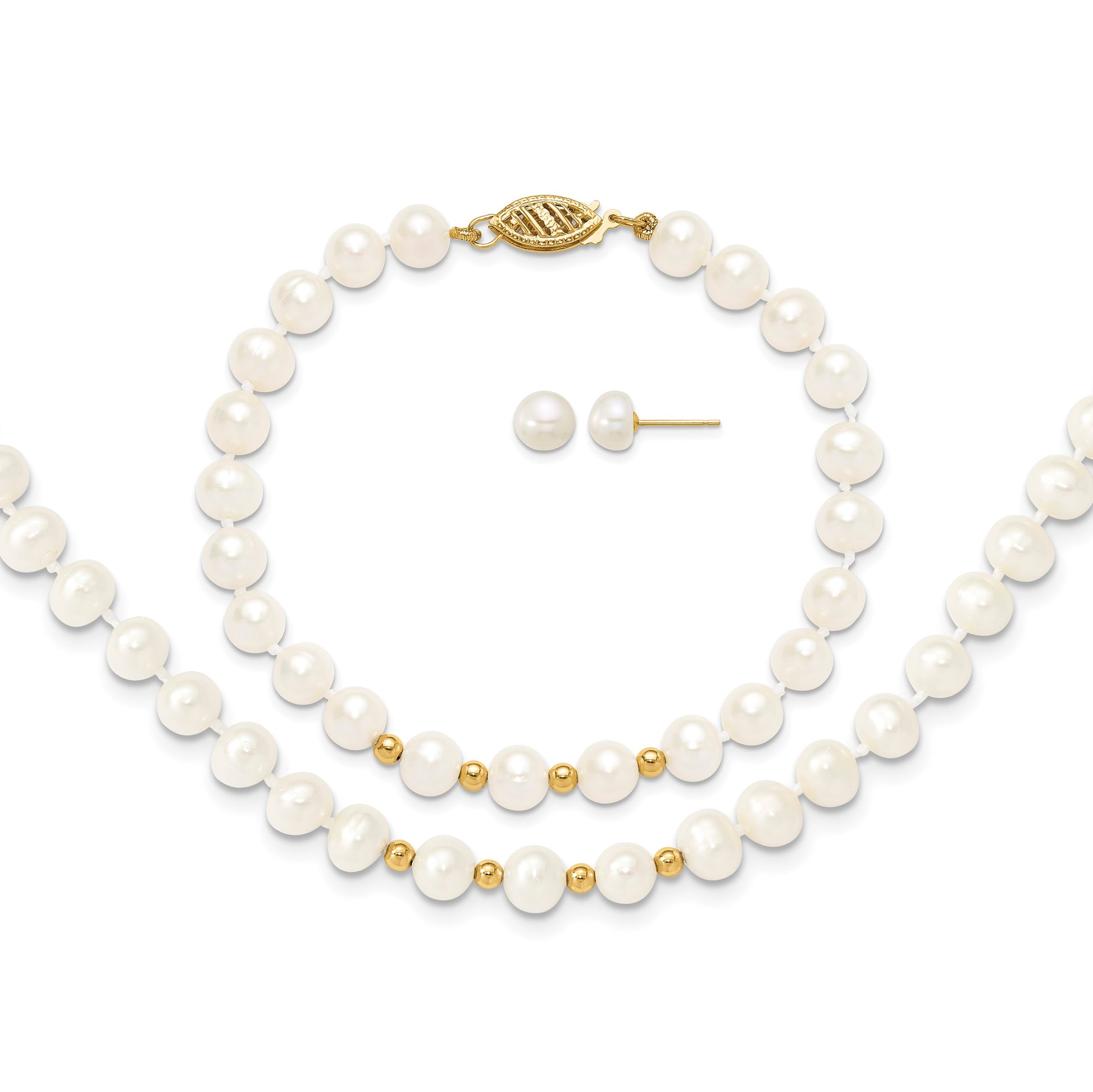 14k 6-7mm White Semi-Round Freshwater Cultured Pearl 18 inch Necklace/7.25 in Bracelet/Button Post Earrings Set