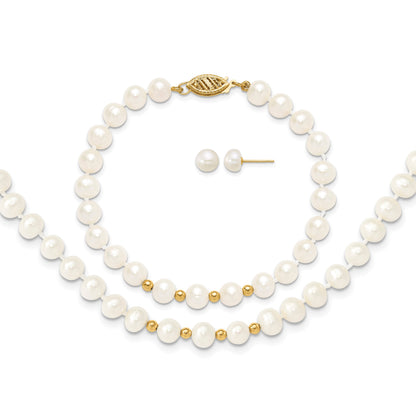 14k 6-7mm White Semi-Round Freshwater Cultured Pearl 18 inch Necklace/7.25 in Bracelet/Button Post Earrings Set
