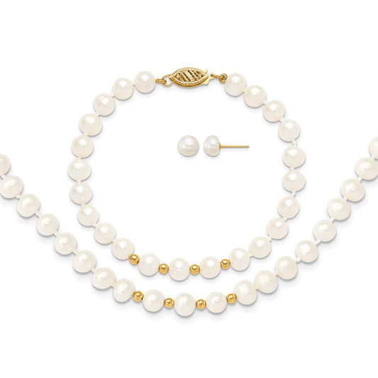 14k 6-7mm White Semi-Round Freshwater Cultured Pearl 18 inch Necklace/7.25 in Bracelet/Button Post Earrings Set