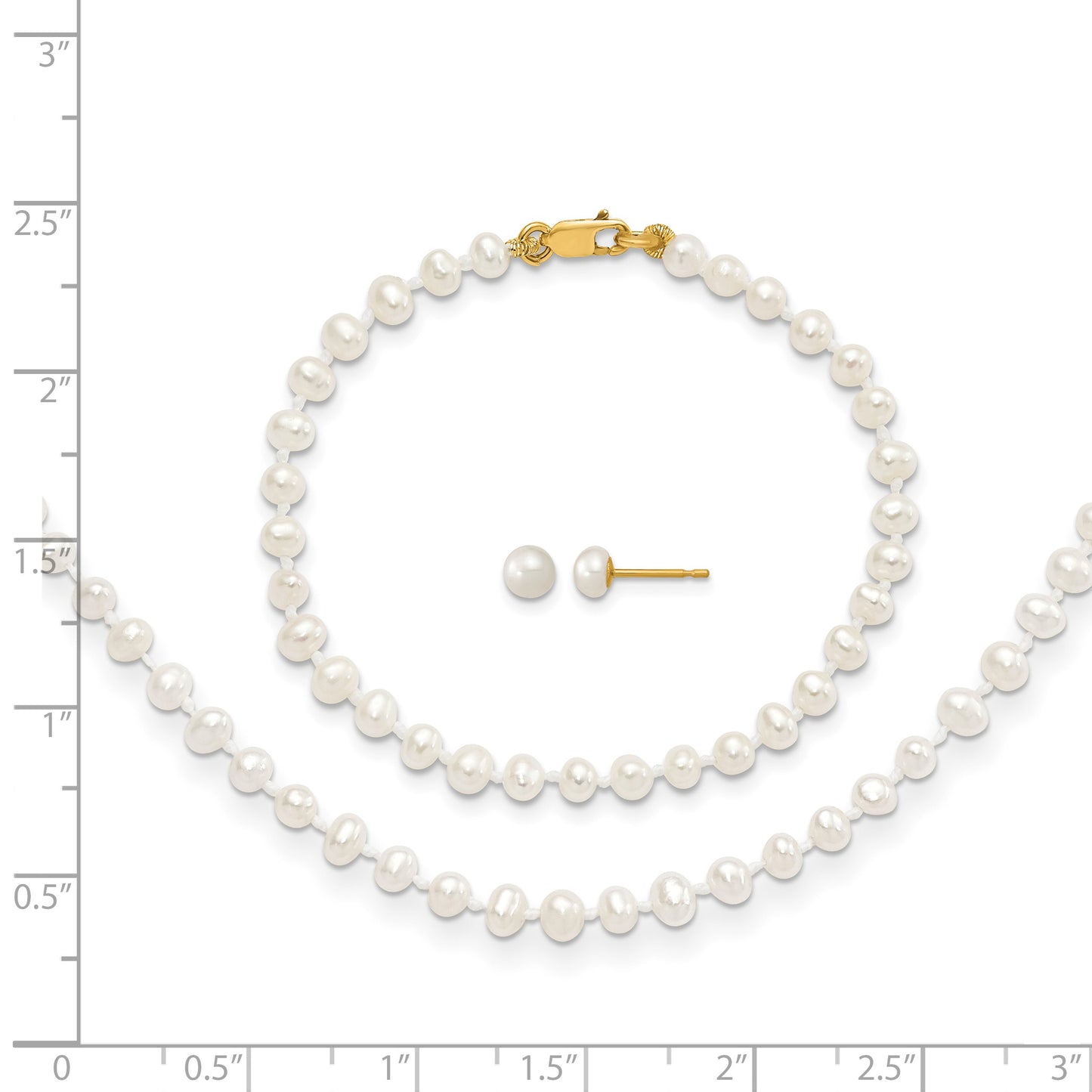 14k 3-4mm White Freshwater Cultured Pearl 14 inch Necklace / 5 inch Bracelet / Post Earrings 3-piece Set