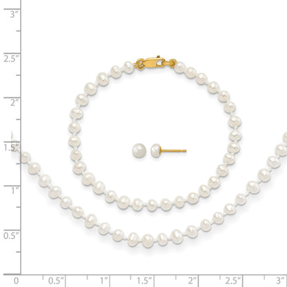 14k 3-4mm White Freshwater Cultured Pearl 14 inch Necklace / 5 inch Bracelet / Post Earrings 3-piece Set