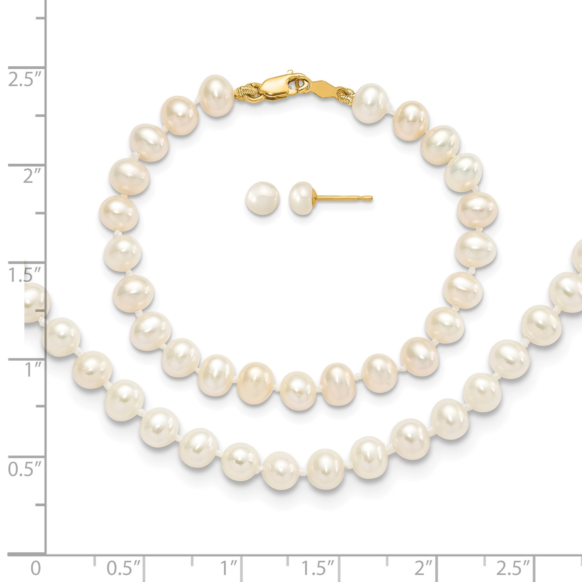 14k 4-5mm White Freshwater Cultured Pearl 14 inch Necklace / 5 inch Bracelet / Post Earrings 3-piece Set