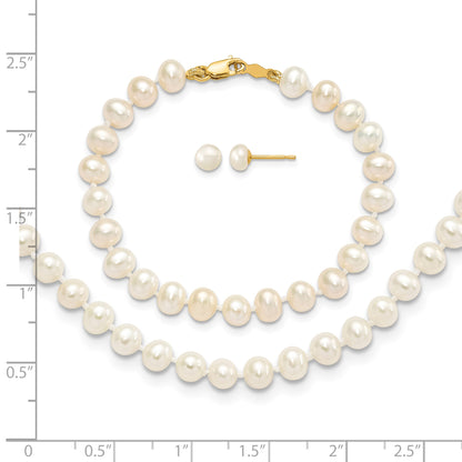 14k 4-5mm White Freshwater Cultured Pearl 14 inch Necklace / 5 inch Bracelet / Post Earrings 3-piece Set