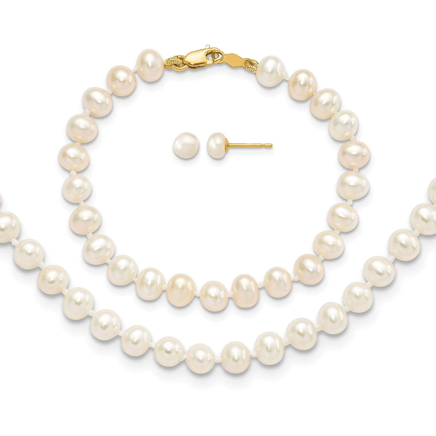 14k 4-5mm White Freshwater Cultured Pearl 14 inch Necklace / 5 inch Bracelet / Post Earrings 3-piece Set