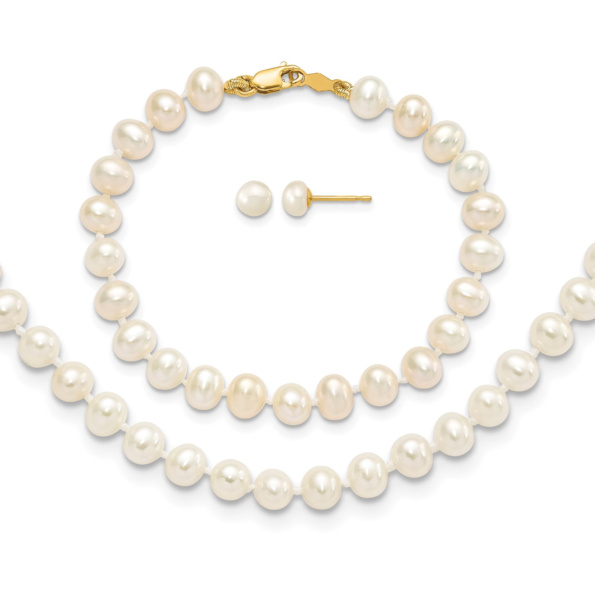 14k 4-5mm White Freshwater Cultured Pearl 14 inch Necklace / 5 inch Bracelet / Post Earrings 3-piece Set