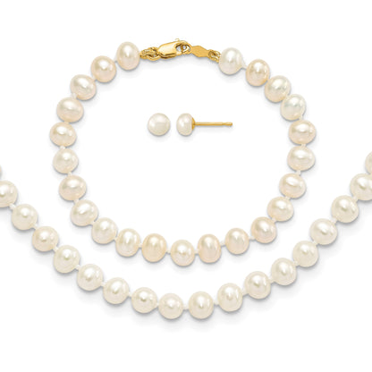14k 4-5mm White Freshwater Cultured Pearl 14 inch Necklace / 5 inch Bracelet / Post Earrings 3-piece Set