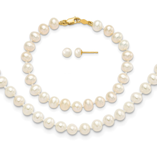 14k 4-5mm White Freshwater Cultured Pearl 14 inch Necklace / 5 inch Bracelet / Post Earrings 3-piece Set