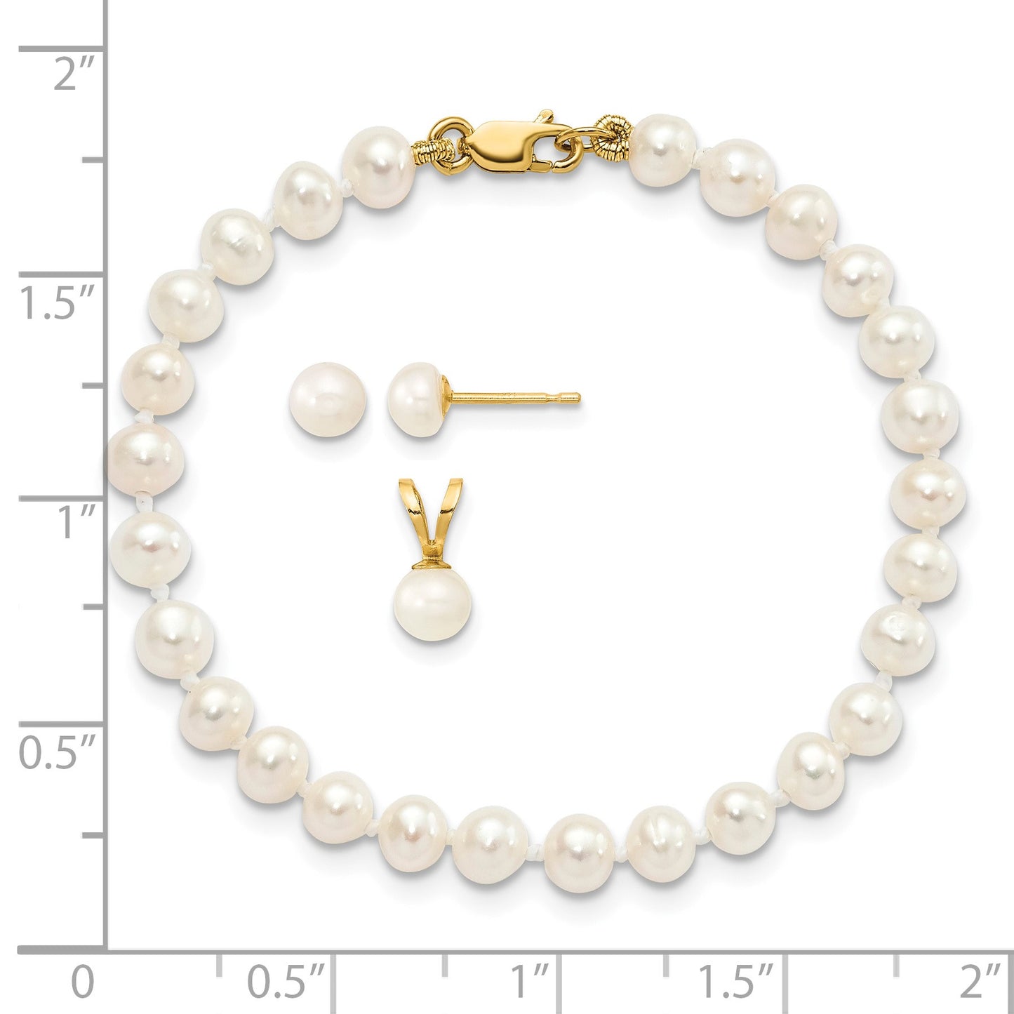 14k 4-5mm White Freshwater Cultured Pearl Pendant/5 inch Bracelet/Post Earrings 3-piece Set