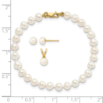 14k 4-5mm White Freshwater Cultured Pearl Pendant/5 inch Bracelet/Post Earrings 3-piece Set