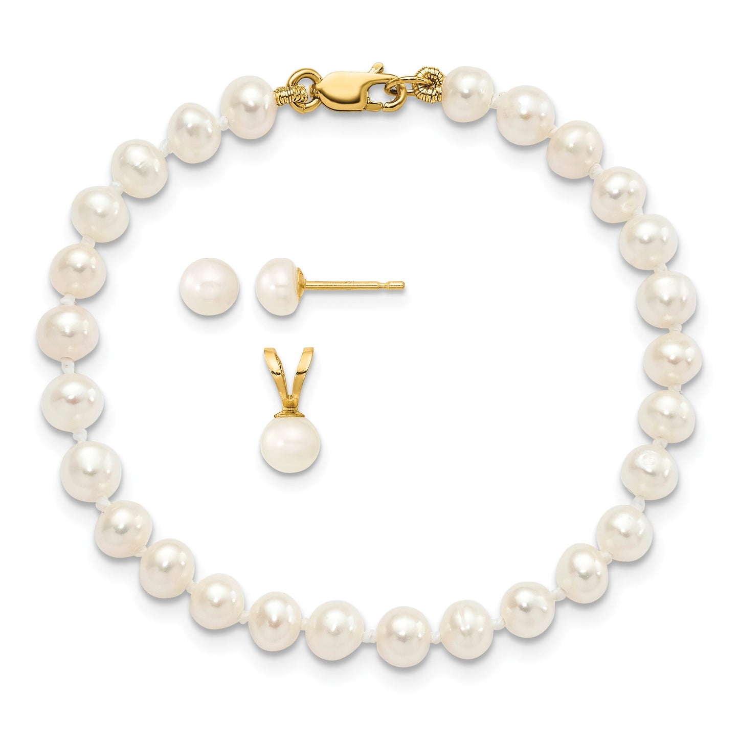 14k 4-5mm White Freshwater Cultured Pearl Pendant/5 inch Bracelet/Post Earrings 3-piece Set