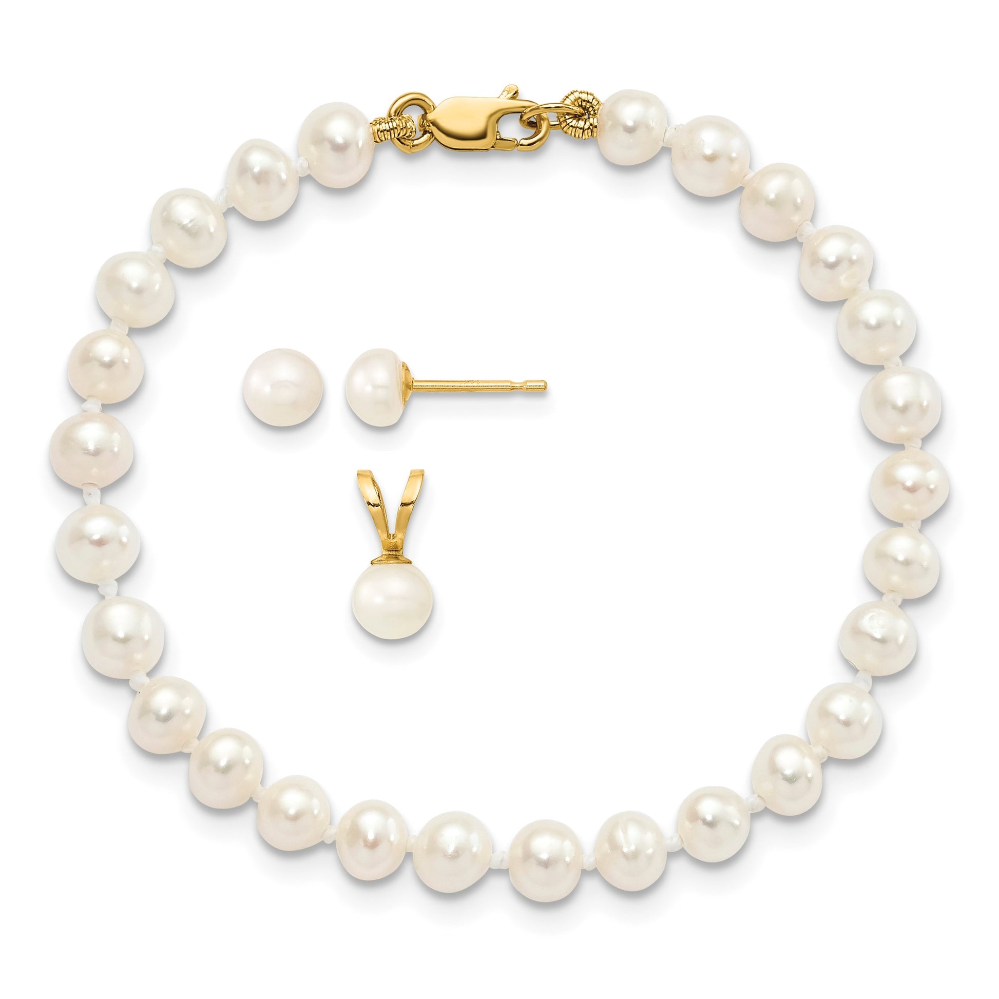 14k 4-5mm White Freshwater Cultured Pearl Pendant/5 inch Bracelet/Post Earrings 3-piece Set